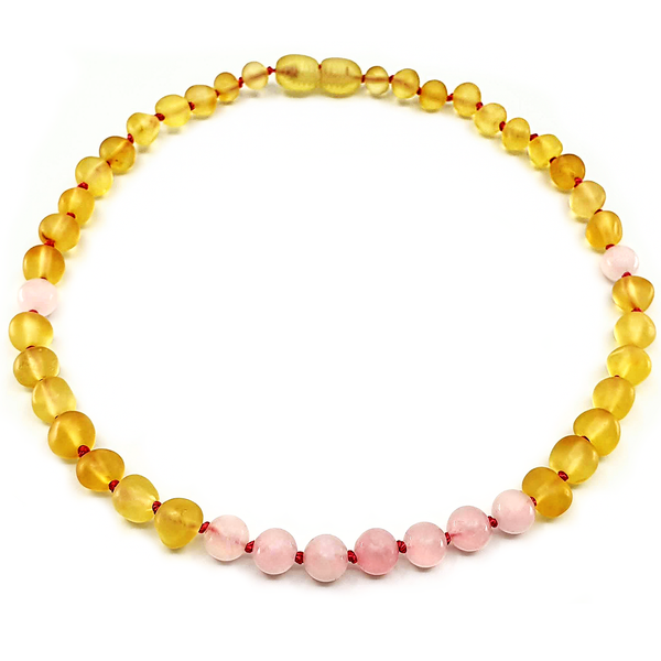 Baltic amber Lemon unpolished and Rose Quartz necklace